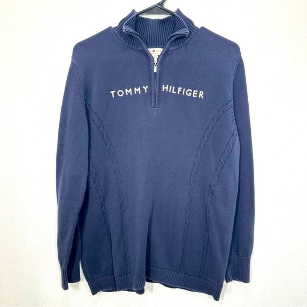 Tommy Hilfiger 1X Navy Quarter Zip Cable Knit Coastal Preppy Nautical Casual